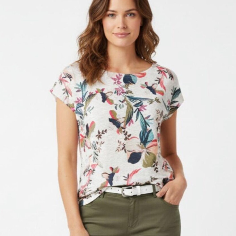 Rachel Zoe Cream Floral Short Sleeve Tee with Multicolor Print